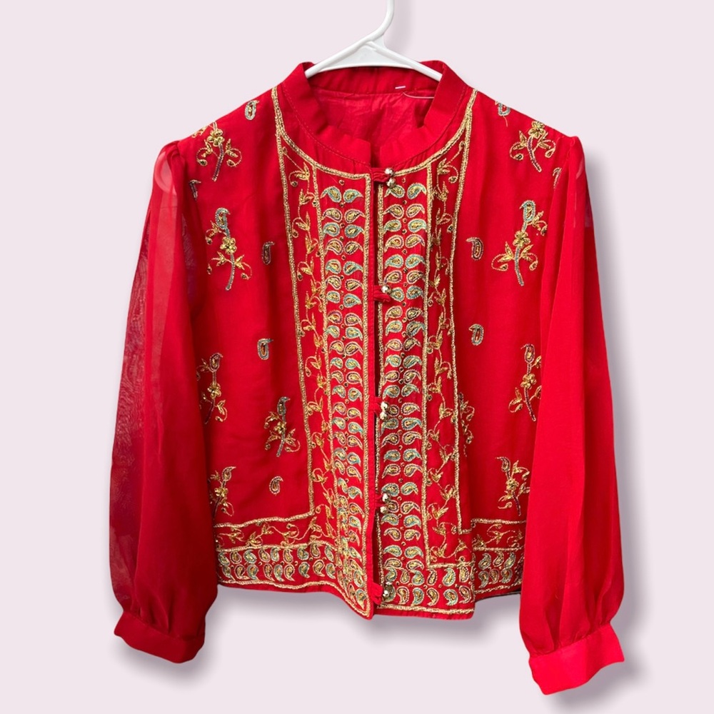 Vintage Embroidered Ornate Top with Sheer Sleeves